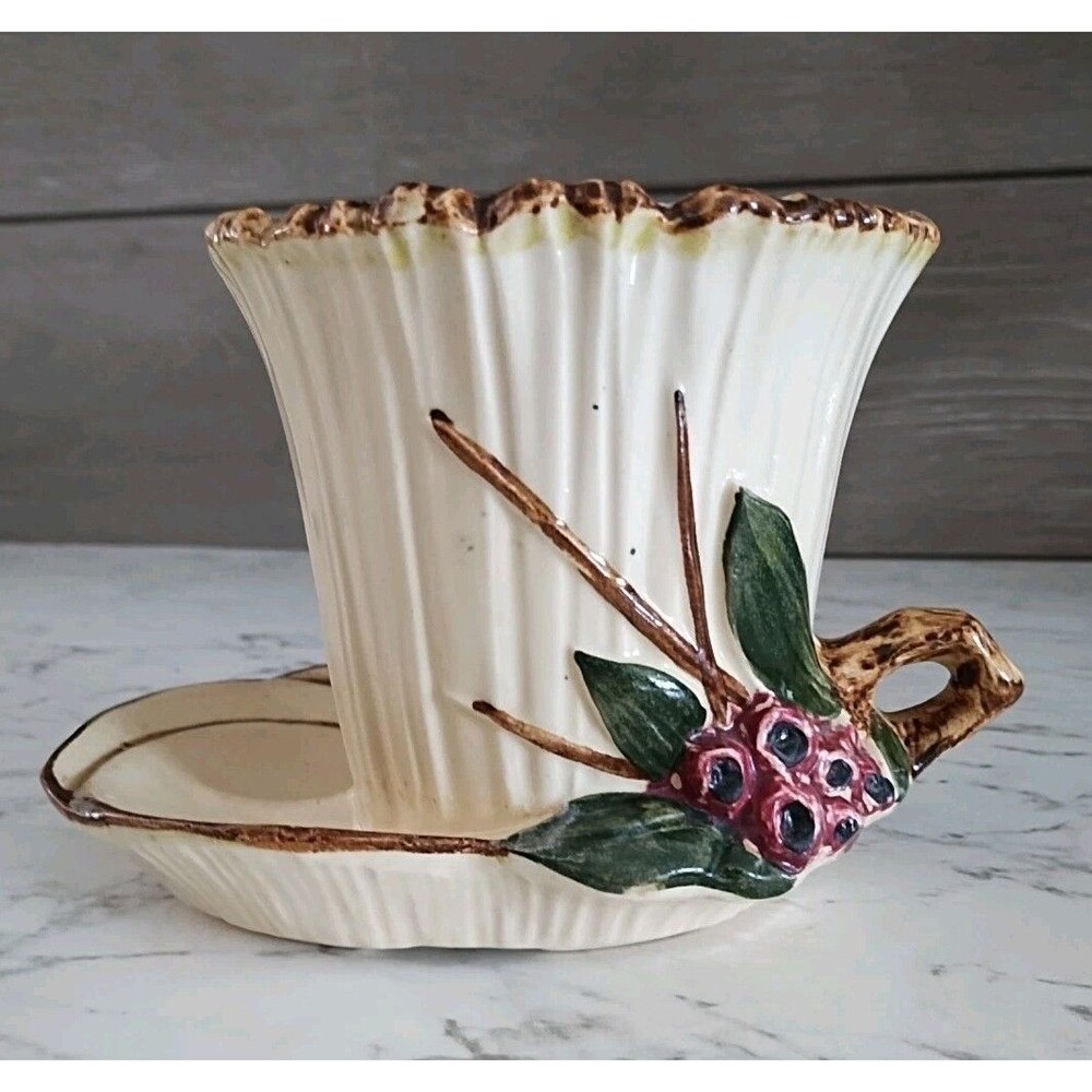 McCoy Pottery Fancy Leaf Berry Planter On Attached Saucer Vintage Art Pottery - Picture 2 of 8